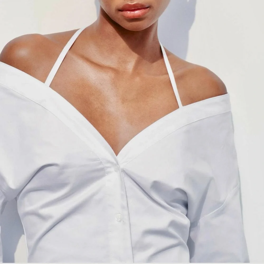 Zara NWT gabardine white off the shoulder button front trench coat shirt dress - Picture 4 of 15